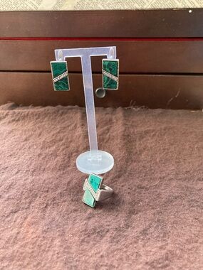Green Malachite Zigzag Accent Earrings and Ring Set